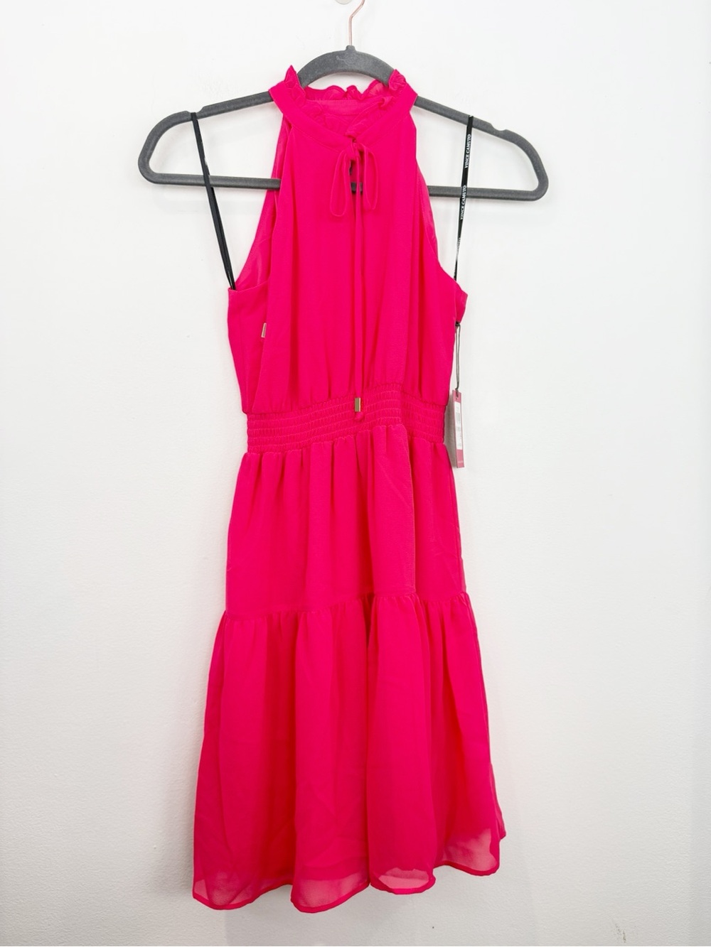 Vince Camuto Cherry Ruched Tie Neck Short Dress Size 0 Petite NWT